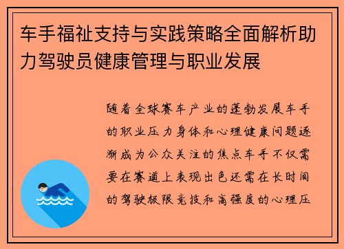 车手福祉支持与实践策略全面解析助力驾驶员健康管理与职业发展